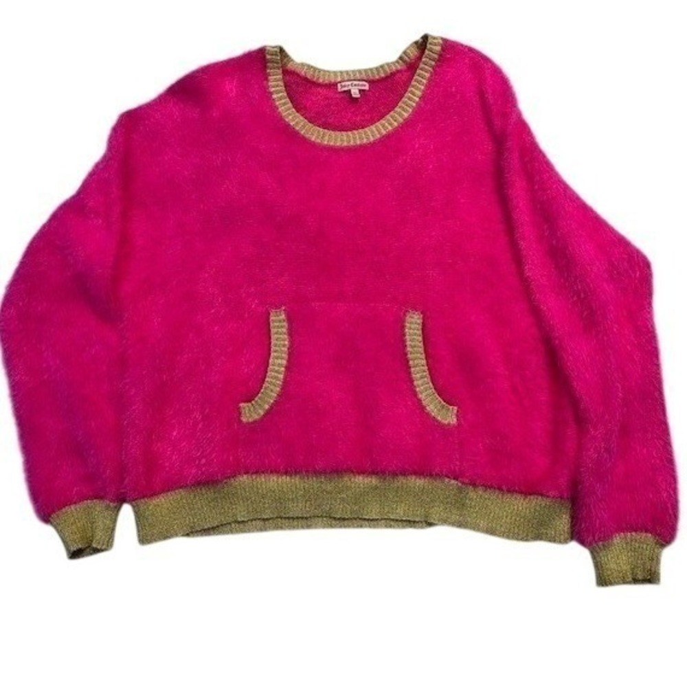 Juicy Couture Hot Pink Fuzzy Sweater XL Gold Trim Kangaroo Pocket Fluffy Y2K